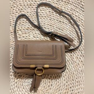 Designer Taupe Leather Crossbody Bag with Gold Ring Accent